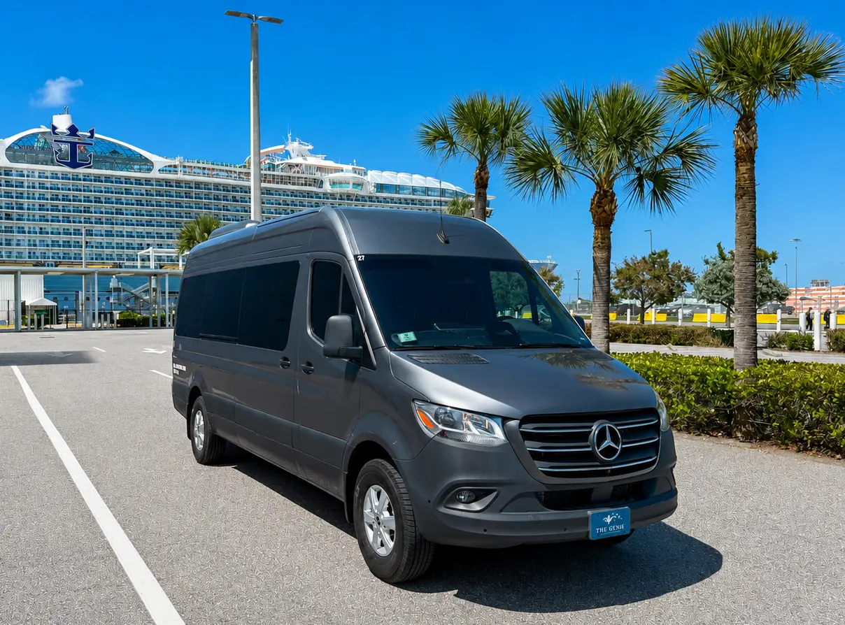 Premium Sprinter passenger van for private port transportation. Luxurious group cruise shuttle to Port Canaveral by The Genie