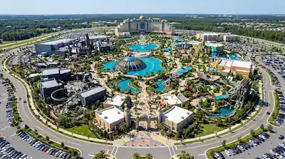 Overview of Celestial Park and the Universal's Epic Universe theme park worlds