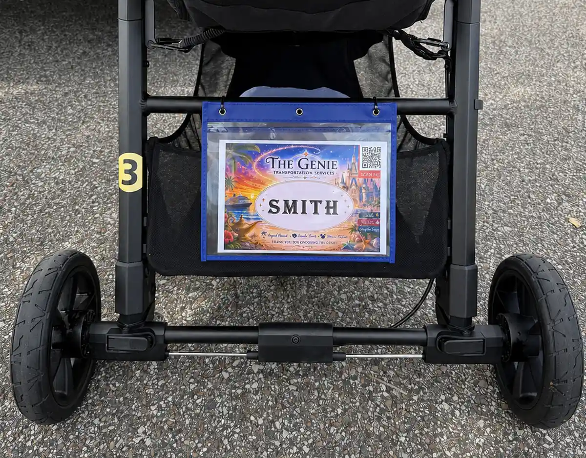 Custom Genie stroller name tag included with every Disney stroller rental
