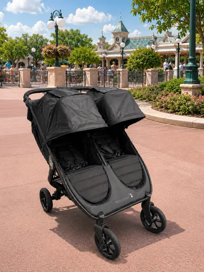 Baby Jogger City Mini GT2 double stroller model, available for Disney World stroller rentals with premium private transportation by The Genie.