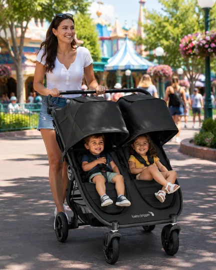 Mom pushing two kids in a Baby Jogger City Mini GT2 double stroller at Disney World, featuring premium stroller rentals by The Genie.