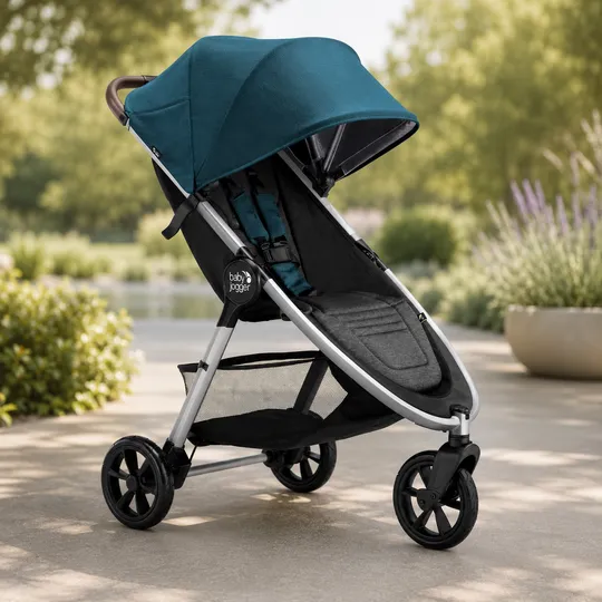 Child secured in a complimentary car safety seat inside a premium vehicle, featuring convenient stroller rental options by The Genie.